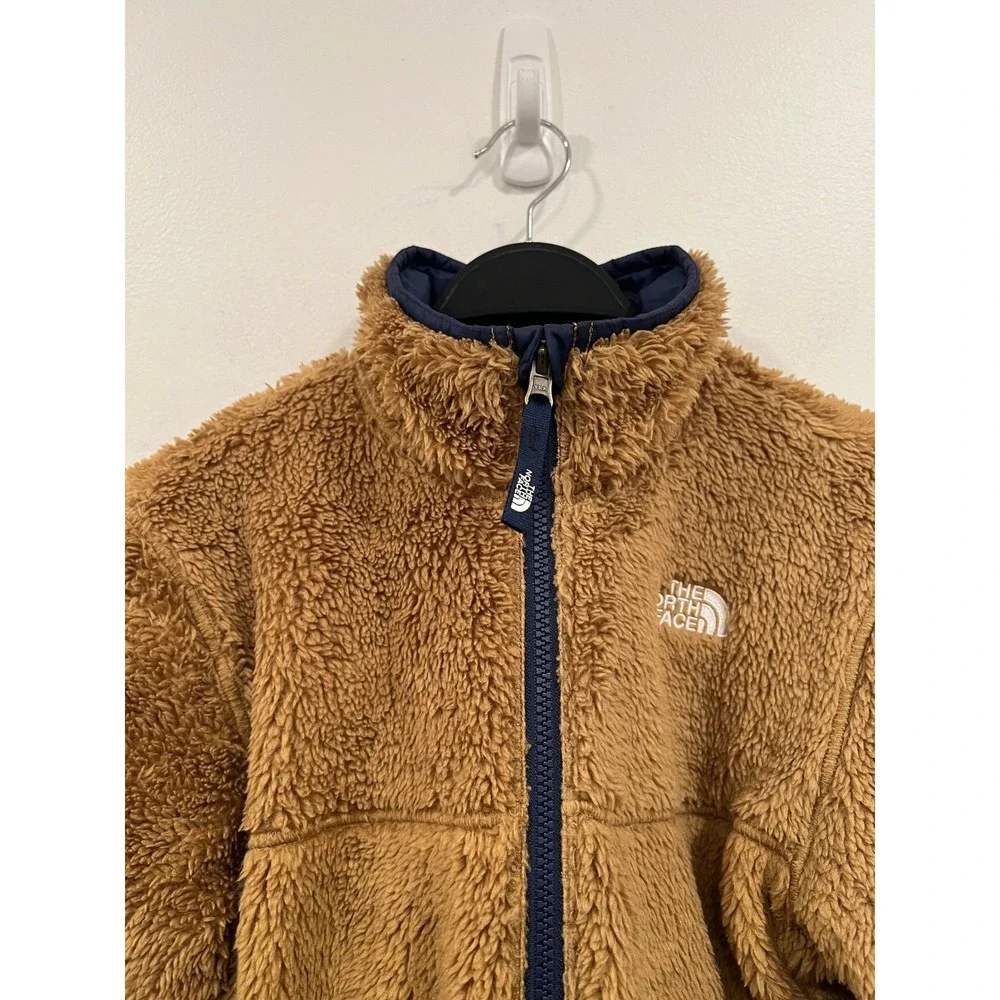 The North Face Puffer Jacket Boys Large Navy Blue Reversible Fleece Brown